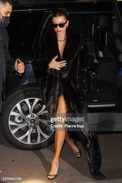 Hailey Bieber is seen arriving at the Costes hotel on March 04, 2022 in Paris, France.