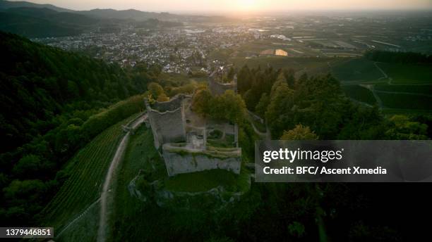 aerial view of castle in vineyards at dawn - freiberg stock pictures, royalty-free photos & images