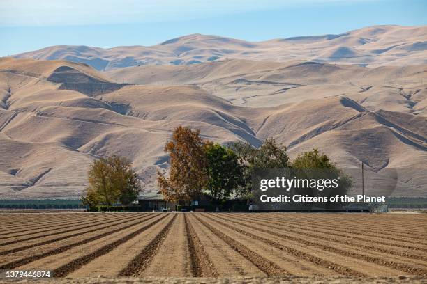 Fallow crop field on farm near Maricopa, route 166, Kern County, California, USA.