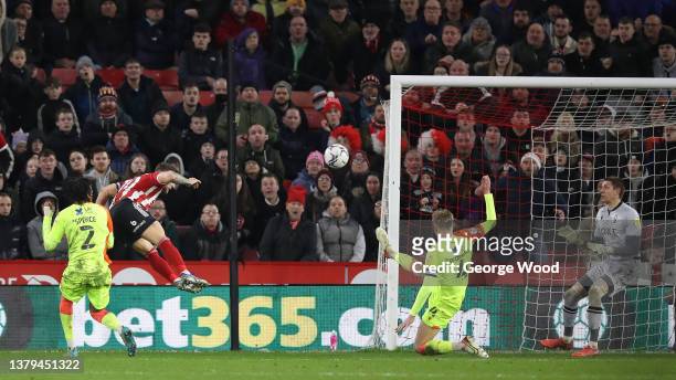 Billy Sharp of Sheffield United scores the opening goal during the Sky Bet Championship match between Sheffield United and Nottingham Forest at...