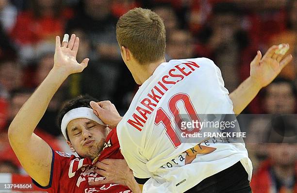 Denmark's Markussen vies with Serbia' during the men's EHF Euro 2012 Handball Championship final Serbia vs Denmark on January 29, 2012 at the...