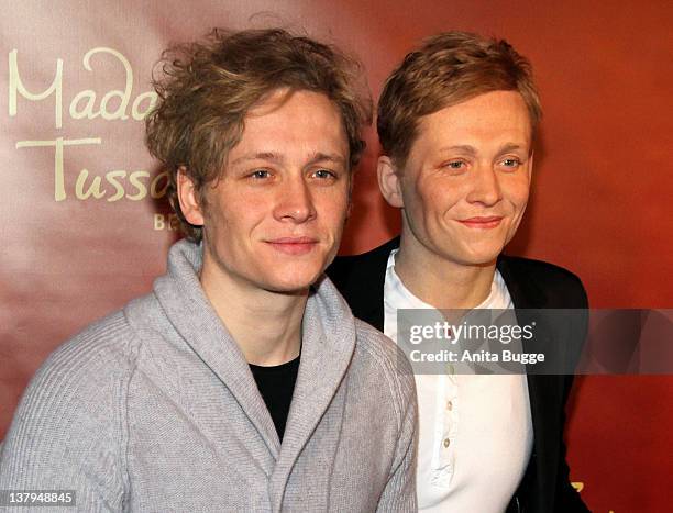German actor Matthias Schweighoefer unveils his wax figure at 'Madame Tussaud's Berlin' on January 30, 2012 in Berlin, Germany.