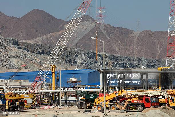 Construction equipment and vehicles are seen at the construction site for the main terminal along the Abu Dhabi Crude Oil Pipeline in Fujairah,...