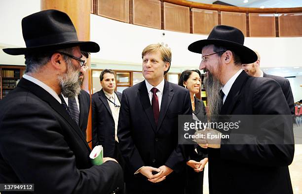 The U.S. Ambassador to Russia Michael McFaul meets with members of the Jewish community including Rabbi Berel Lazar as he attends the International...