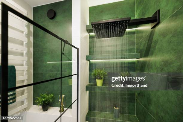 water running from a black rain shower head in a green luxury bathroom - shower stock pictures, royalty-free photos & images