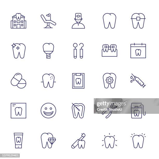 ilustrações de stock, clip art, desenhos animados e ícones de dental care editable stroke line icons - canal da raiz