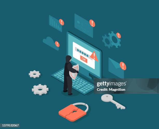 illustrazioni stock, clip art, cartoni animati e icone di tendenza di vettore isometrico hacker - icona di notifica