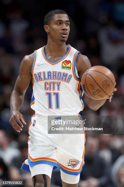 Theo Maledon the Oklahoma City Thunder plays the Denver Nuggets at Ball Arena on March 02, 2022 in Denver, Colorado. NOTE TO USER: User expressly...