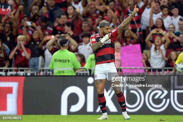 Gabriel Barbosa of Flamengo celebrates after scoring the team's first goal during the match between Flamengo and Fortaleza as part of Brasileirao...