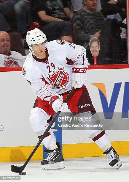 Jason Pominville of the Buffalo Sabres and team Alfredsson plays in the 2012 Tim Hortons NHL All-Star Game at Scotiabank Place on January 29, 2012 in...