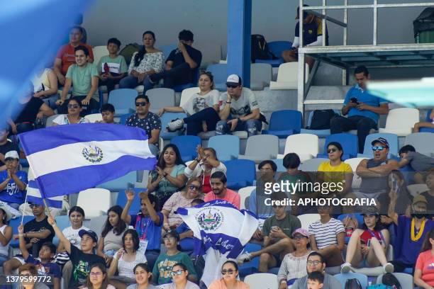 Salvadoran fans supporting competitors during the Diving Springboard competition as part of the 2023 Central American and Caribbean Games at El...