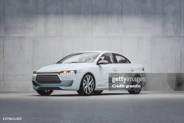 generic modern car in front of concrete wall - car sedan stock pictures, royalty-free photos & images