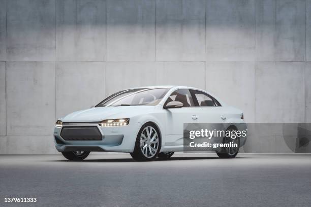 generic modern car in front of concrete wall - carro tipo sallon imagens e fotografias de stock