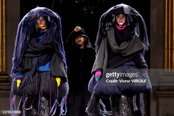 Fashion designer Yohji Yamamoto walks the runway during the Yohji Yamamoto Ready to Wear Fall/Winter 2022-2023 fashion show as part of the Paris...