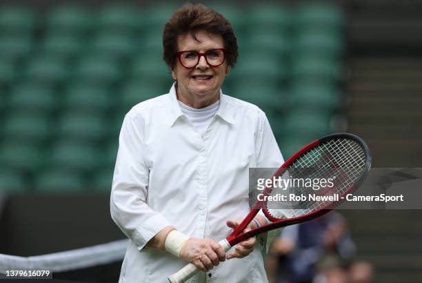 Billie Jean King plays on Centre court with Debbie Jeans during practice day ahead of The Championships Wimbledon 2023 at All England Lawn Tennis and...