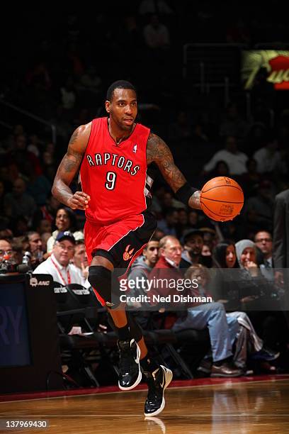 Rasual Butler of the Toronto Raptors dribbles against the Washington Wizards during the game at the Verizon Center on January 10, 2012 in Washington,...