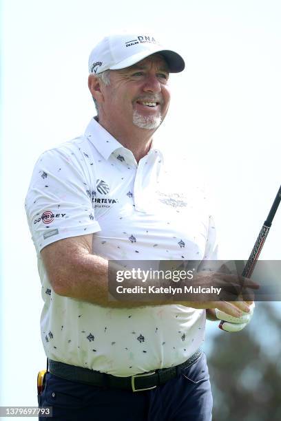 Rod Pampling of Australia reacts to his shot from the second tee during round one of the Hoag Classic at Newport Beach Country Club on March 4, 2022...