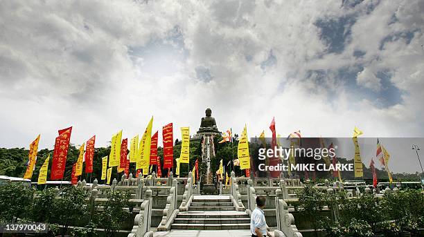 This overview shows the start of steps leading up to a big Buddha perched on a hillside of the Po Lin Monastery on the outlying island of Lantau in...