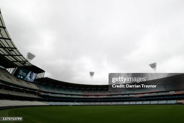 The M.C.G. Scoreboards pay tribute to Shane Warne at Melbourne Cricket Ground on March 05, 2022 in Melbourne, Australia. Former Australian cricket...