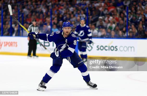 Steven Stamkos of the Tampa Bay Lightning looks to shoot in the second period during a game against the Detroit Red Wings at Amalie Arena on March...