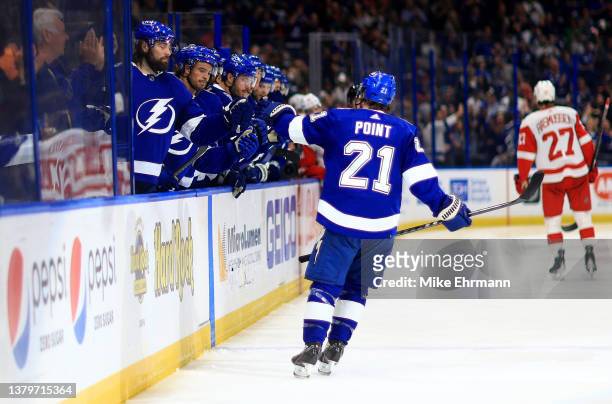 Brayden Point of the Tampa Bay Lightning celebrates a goal in the second period during a game against the Detroit Red Wings at Amalie Arena on March...