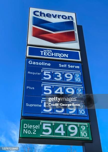 Chevron gas station is selling regular unleaded gasoline at $5.40 per gallon as viewed on March 3 near Santa Ynez, California. Because of its close...