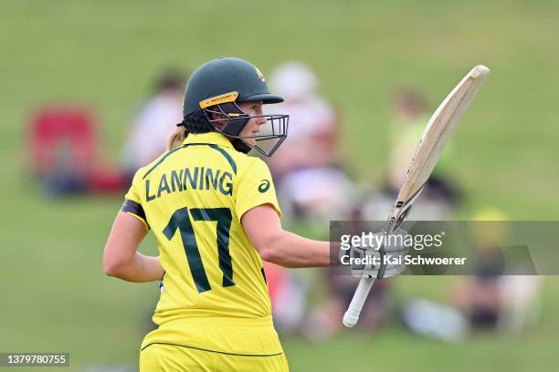 Meg Lanning of Australia celebrates her half century during the 2022 ICC Women's Cricket World Cup match between Australia and England at Seddon Park...