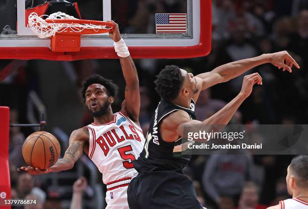 Derrick Jones Jr. #5 of the Chicago Bulls catches the ball after dunking against Giannis Antetokounmpo of the Milwaukee Bucks at the United Center on...