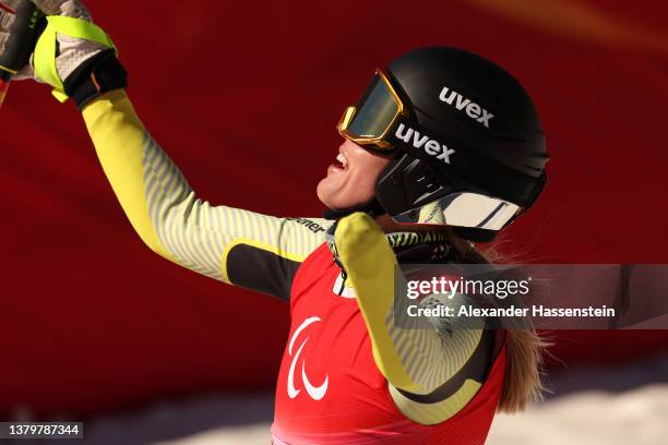 Andrea Rothfuss of Team Germany reacts following her run in the Para Alpine Skiing Women's Downhill Standing at Yanqing National Alpine Skiing Centre...