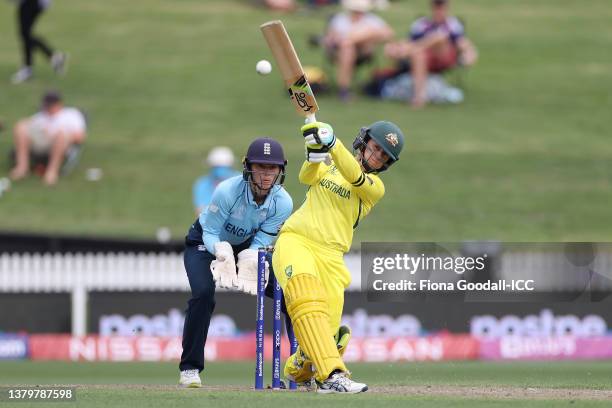 Rachael Haynes of Australia bats during the 2022 ICC Women's Cricket World Cup match between Australia and England at Seddon Park on March 05, 2022...