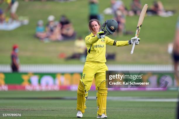 Rachael Haynes of Australia celebrates her century during the 2022 ICC Women's Cricket World Cup match between Australia and England at Seddon Park...