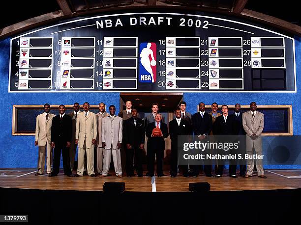 The 2002 NBA Draft class pose for a portrait during the 2002 NBA Draft at The Theater At Madison Square Garden on June 26, 2002 in New York City, New...