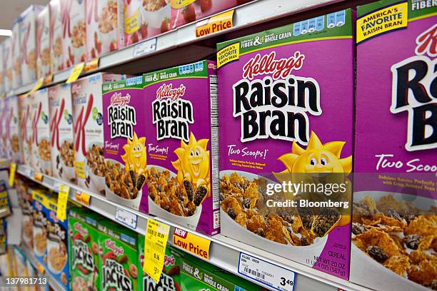 Kellogg Co. Raisin Bran brand breakfast cereal sits on display in a supermarket in Princeton, Illinois, U.S., on Friday, Jan. 27, 2012. Kellogg Co....