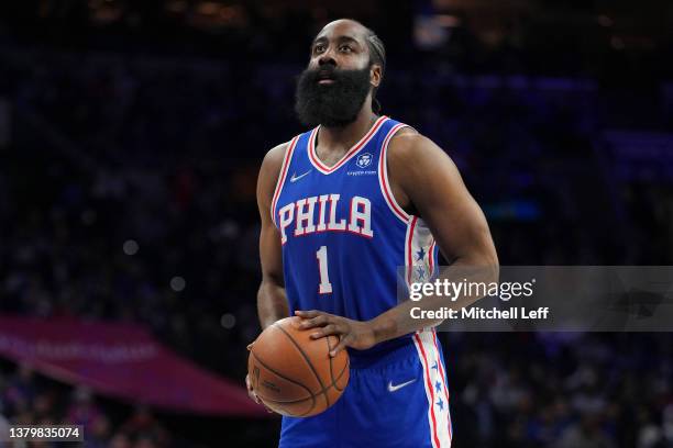 James Harden of the Philadelphia 76ers attempts a foul shot against the Cleveland Cavaliers at the Wells Fargo Center on March 4, 2022 in...