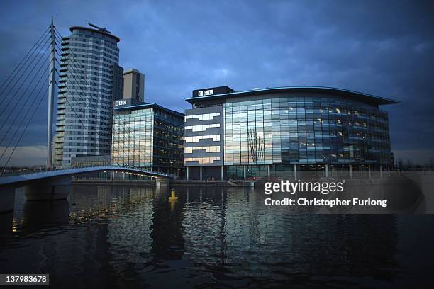 General view of the BBC studios complex at Media City on January 30, 2012 in Salford, England. The BBC is soon to be joined by new neighbour ITV...