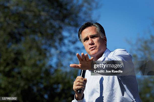 Republican presidential candidate and former Massachusetts Gov. Mitt Romney speaks during a rally with supporters at Pioneer Park on January 30, 2012...