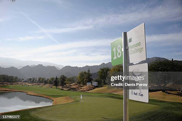 The 18th green is seen at the Nicklaus Private Course at the PGA West golf course during the second round of the Humana Challenge golf tournament...