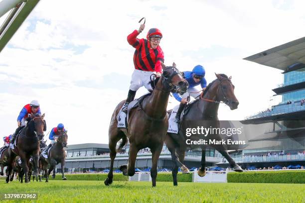 Tim Clark on Converge wins race 8 the Mostyn Copper Randwick Guineas during Sydney Racing at Royal Randwick Racecourse on March 05, 2022 in Sydney,...