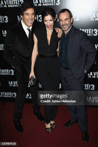 Vincent Elbaz, Aure Atika and Bruno Solo attend 'La Verite Si Je Mens 3' Paris premiere at Le Grand Rex on January 30, 2012 in Paris, France.