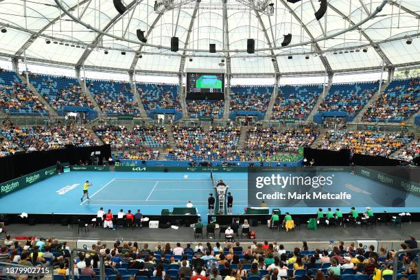 General view during the Alex de Minaur of Australia against Marton Fucsovics of Hungary singles match during the 2022 Davis Cup Qualifier between...