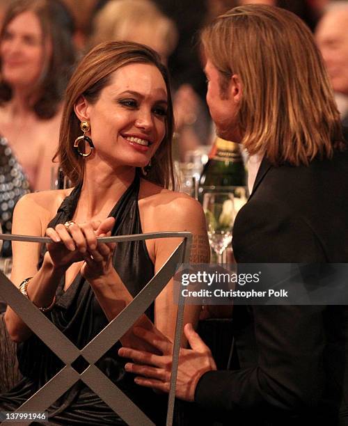 Actors Angelina Jolie and Brad Pitt attend The 18th Annual Screen Actors Guild Awards broadcast on TNT/TBS at The Shrine Auditorium on January 29,...