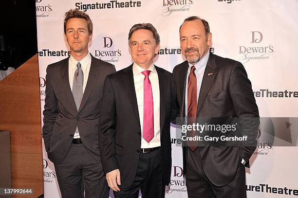 Actors Edward Norton and Kevin Spacey with Signature Founding Artistic Director, James Houghton attend The Signature Center Opening gala on January...