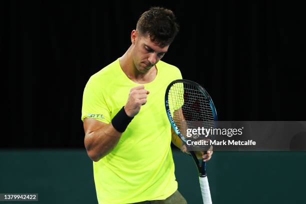 Thanasi Kokkinakis of Australia celebrates winning a point in his singles match against Zsombor Piros of Hungary during the 2022 Davis Cup Qualifier...