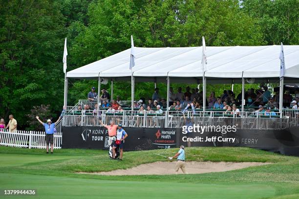 Paul Barjon of France chips from a bunker on the 17th hole during the third round of the Memorial Health Championship presented by LRS at Panther...