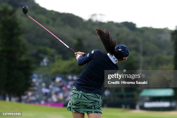 Kotone Hori of Japan hits her second shot on the 18th hole during the third round of the Daikin Orchid Ladies at Ryukyu Golf Club on March 5, 2022 in...