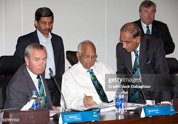 President Sharad Pawar convenes with Chief Executive Haroon Lorgat as Vice President Alan Isaac looks on prior to the Executive Board meeting at the...