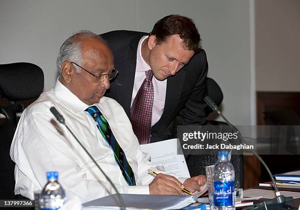 President Sharad Pawar convenes with Head of Legal and Company secretary David Becker prior to the Executive Board meeting at the ICC headquarters on...