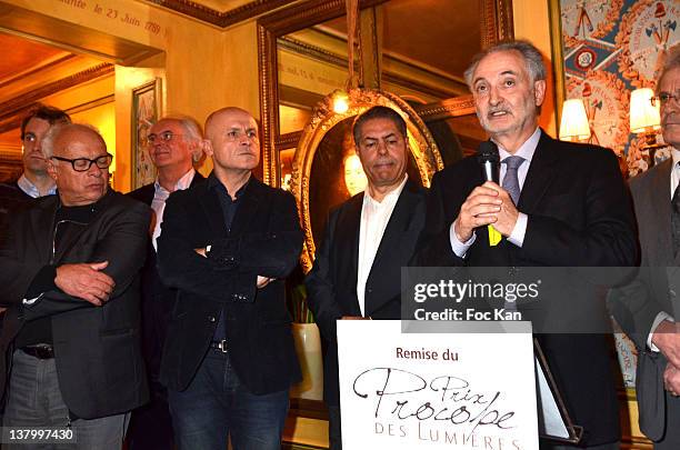 Alexandre Lacroix, Andre Bercoff, Roger Pol Droit, Olivier Poivre d'Arvor, Malek Chebel and Jacques Attali attend the Procope Des Lumieres' Literary...