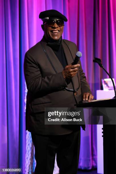Stevie Wonder speaks onstage during A Tribute To Mary Wilson at The GRAMMY Museum on March 04, 2022 in Los Angeles, California.