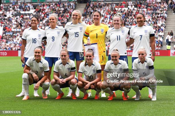 The England squad pose for a team photo during the International Friendly match between England Women and Portugal Women at Stadium mk on July 1,...